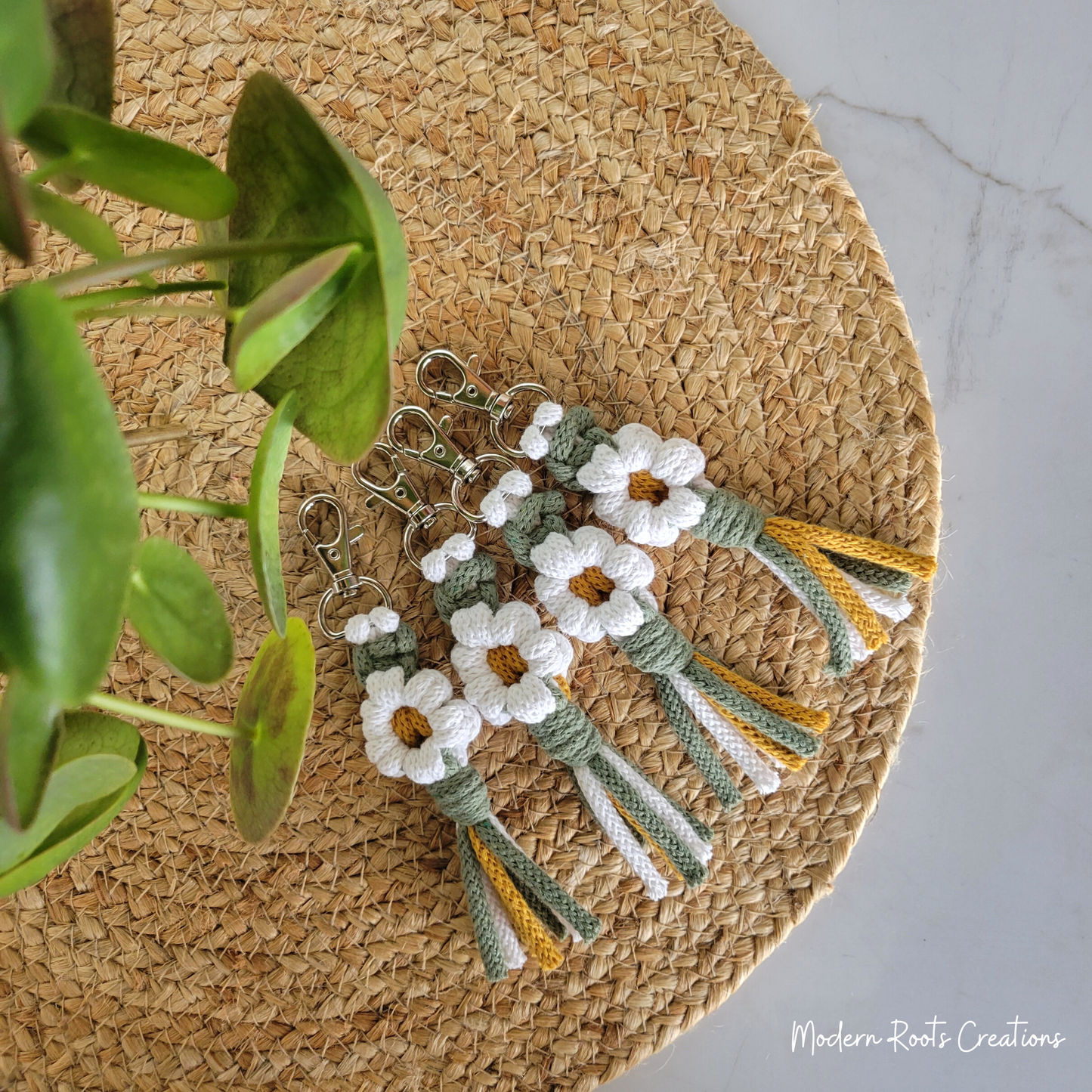 White Daisy Macrame Flower Keychain Reiki Charged