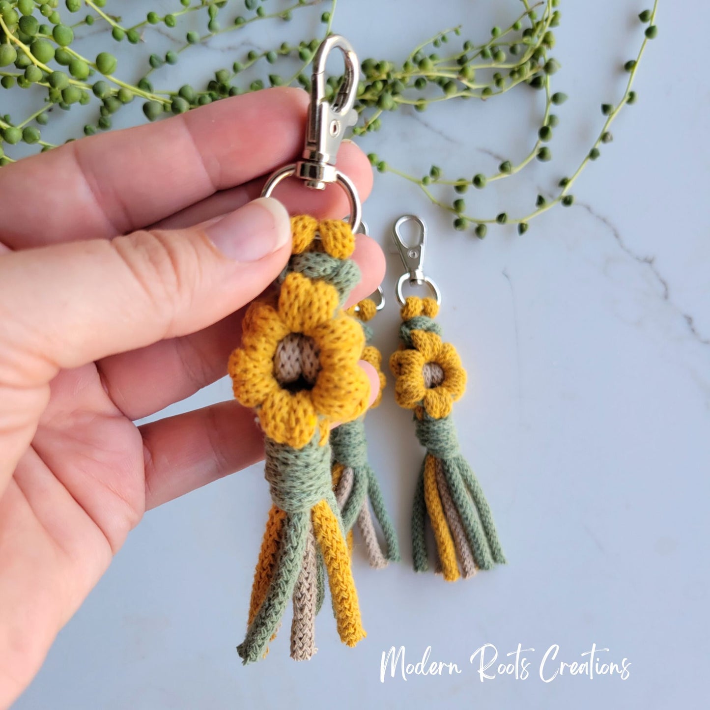 Yellow Sunflower Macrame Keychain Reiki Charged