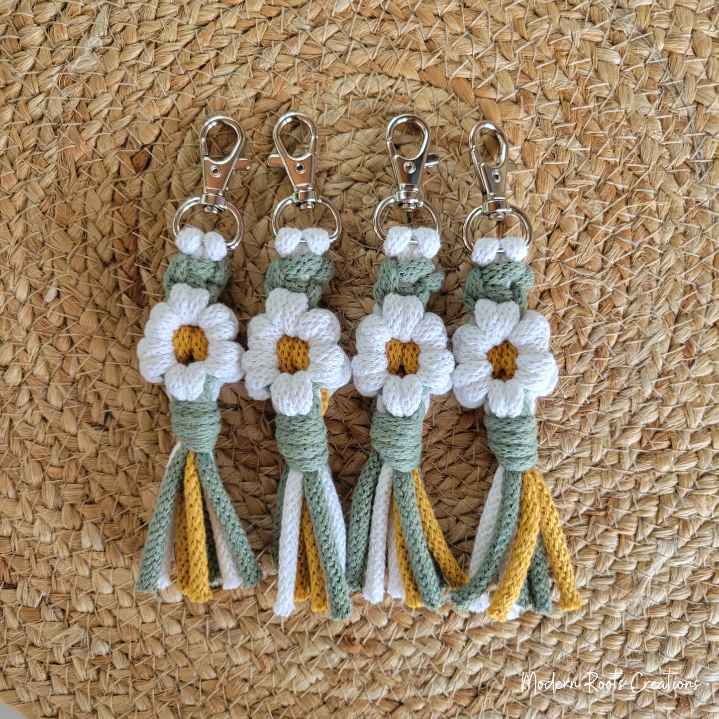 White Daisy Macrame Flower Keychain Reiki Charged