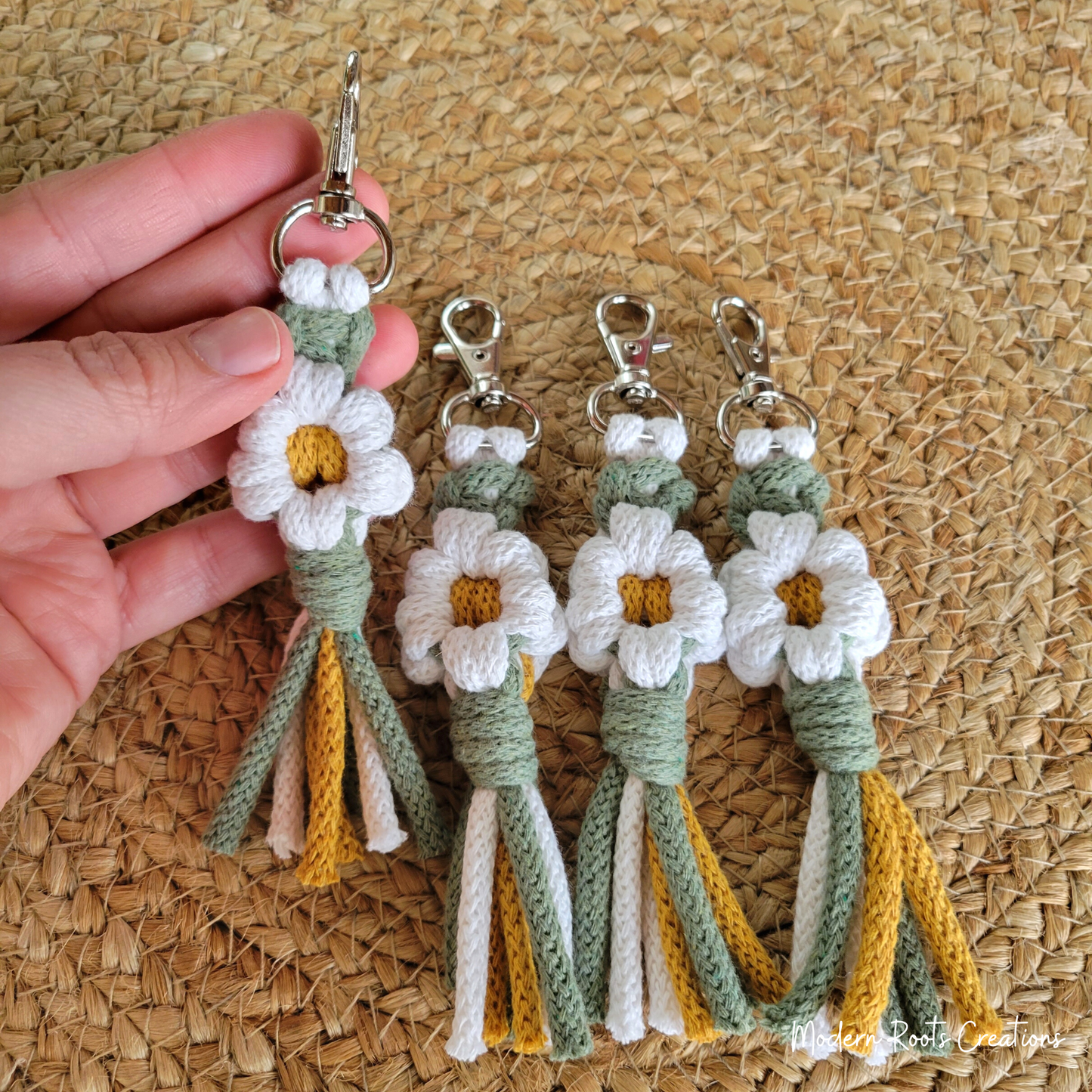 White Daisy Macrame Flower Keychain Reiki Charged