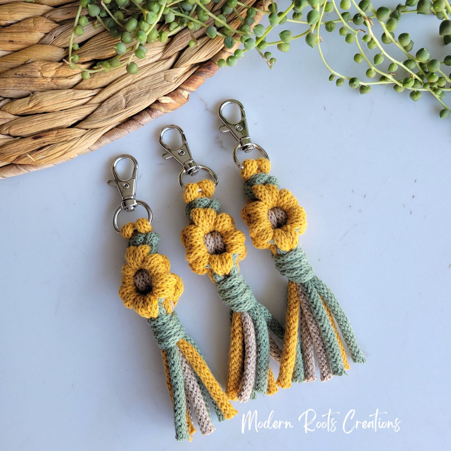 Yellow Sunflower Macrame Keychain Reiki Charged