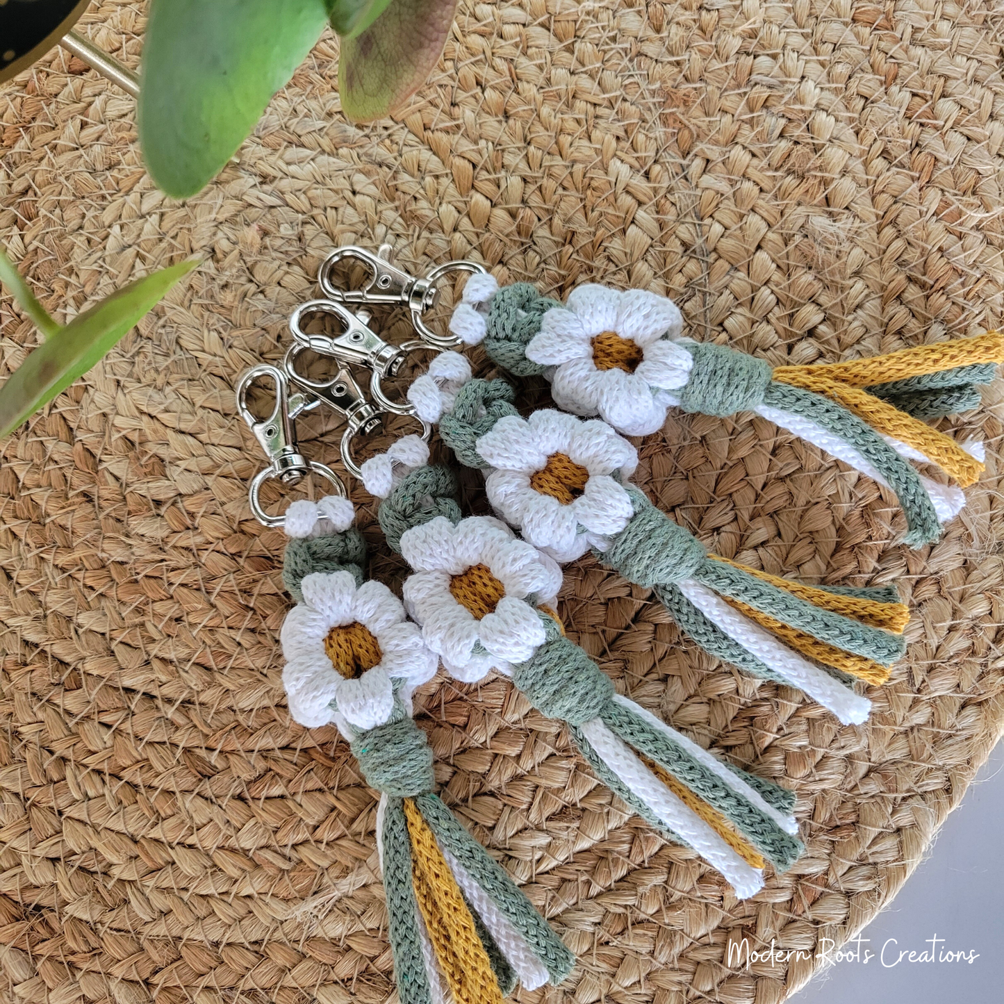 White Daisy Macrame Flower Keychain Reiki Charged