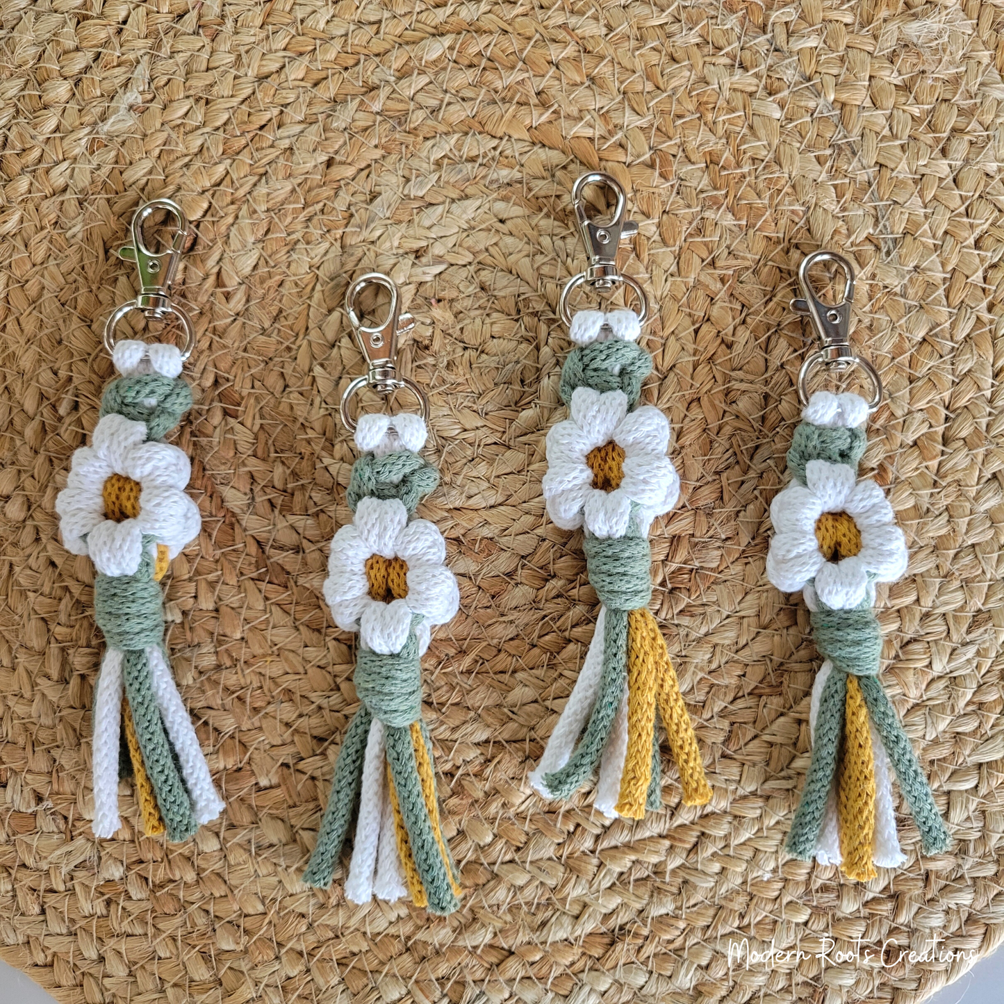 White Daisy Macrame Flower Keychain Reiki Charged